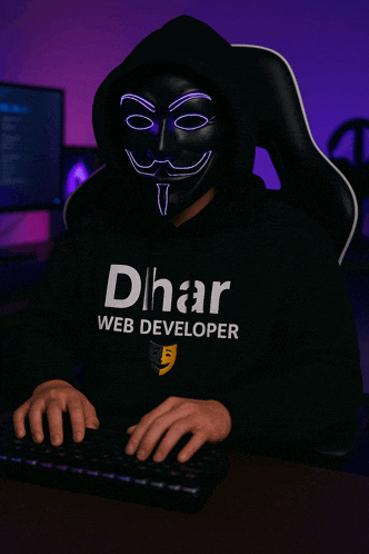 a man wearing a hoodie that says dhar web developer is typing on a keyboard