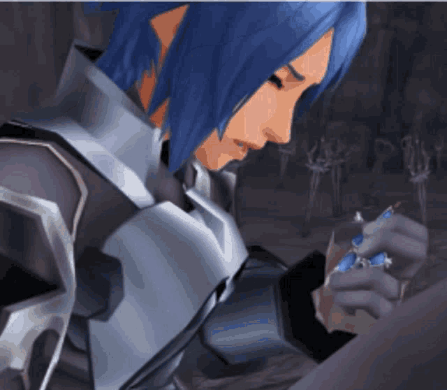 a video game character with blue hair and a sword