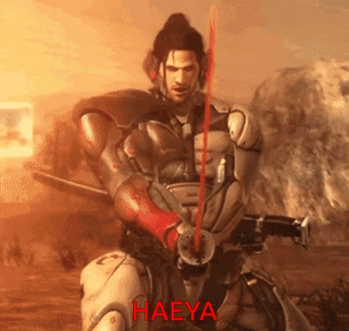 a man holding a sword with haeya written on the bottom
