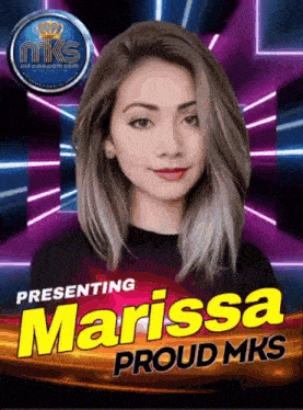 a poster for marissa proud mks shows a woman in a black shirt