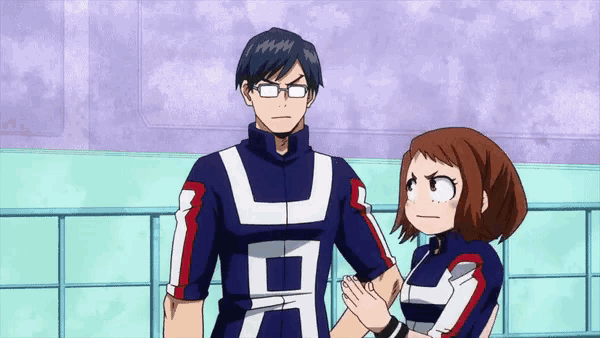 a man and a woman are standing next to each other in a cartoon .