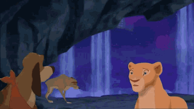 a cartoon of a lioness and two dogs