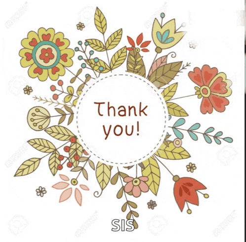a thank you card with flowers and leaves around a circle