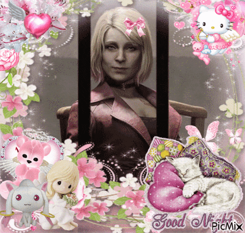 a picture of a woman behind bars with flowers and hello kitty
