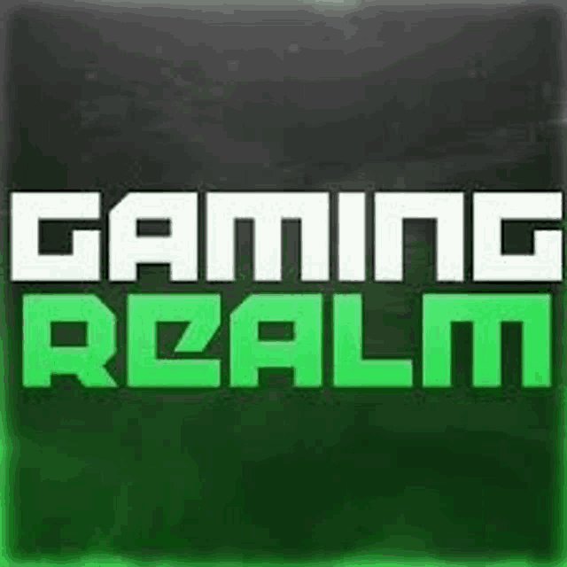 the logo for gaming realm is green and white and looks like a video game .