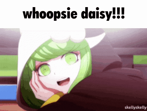 a picture of a girl with green hair and the words whoopsie daisy written above her