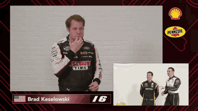 a screen shot of brad keselowski with a pennzoil logo behind him