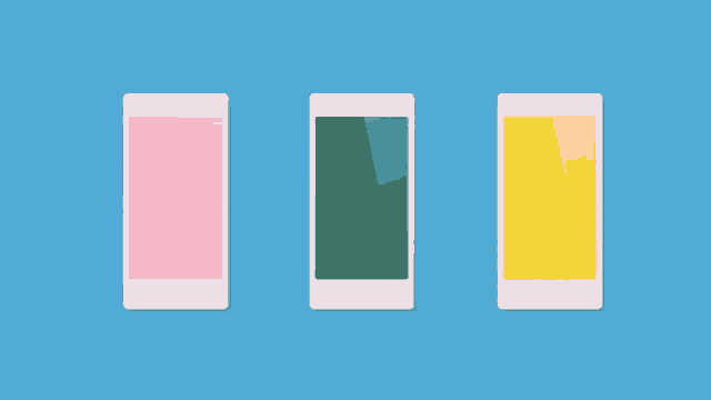 three phones with different colored screens are lined up in a row on a blue background