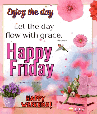 a happy friday greeting card with flowers and a hummingbird
