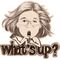 a cartoon of a woman holding a microphone and asking what 's up ?