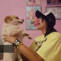 a woman wearing a yellow shirt that says ' i 'm tired ' on it holds a dog
