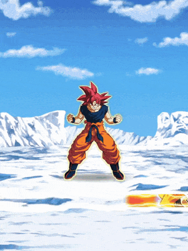 a cartoon character with red hair stands in a snowy field