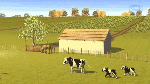 a cow and two calves are walking in a field with a horse in the background