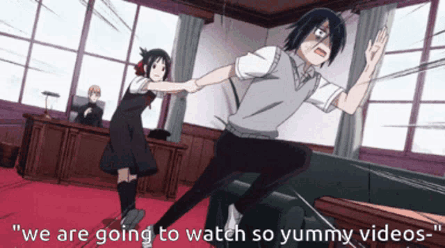 a man and a girl are dancing in a room with the words " we are going to watch so yummy videos "