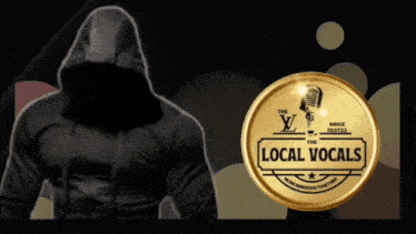 a man in a hooded jacket is standing next to a gold coin that says local vocals