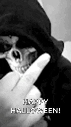 a black and white photo of a person with a skull on their head and the words `` happy halloween '' .