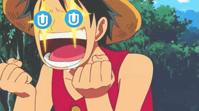a cartoon character with a blue u on his eye