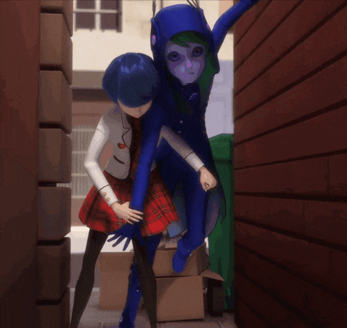 a girl in a plaid skirt is standing next to a cartoon character in a blue suit
