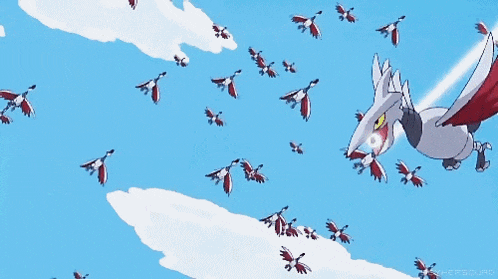 a pokemon is flying through a blue sky with a flock of birds behind it