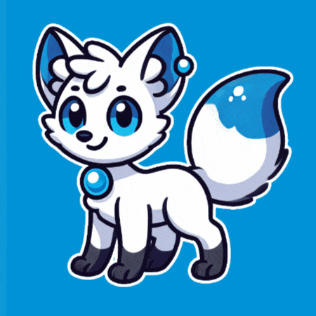 a white fox with blue eyes and a blue tail is on a blue background