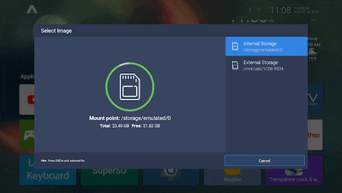 a screen that says select image and shows a sd card