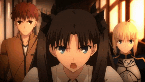 a group of anime characters standing next to each other in a dark room .
