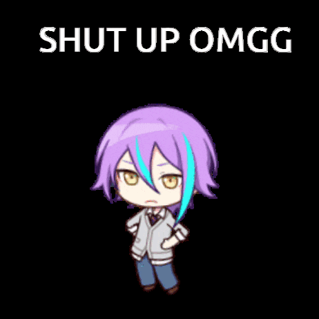a cartoon of a girl with purple hair and blue streaks says shut up omgg