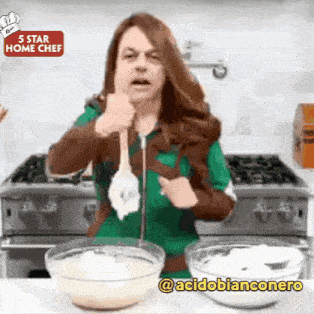 a woman is making a funny face in front of a 5 star home chef logo