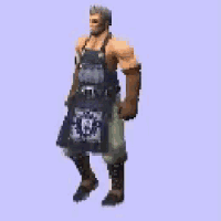 a man in an apron is standing on a purple background .