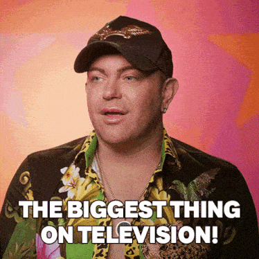 a man wearing a hat and a shirt says " the biggest thing on television "