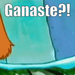 a cartoon character is standing in the water with the words ganaste ? written on it .