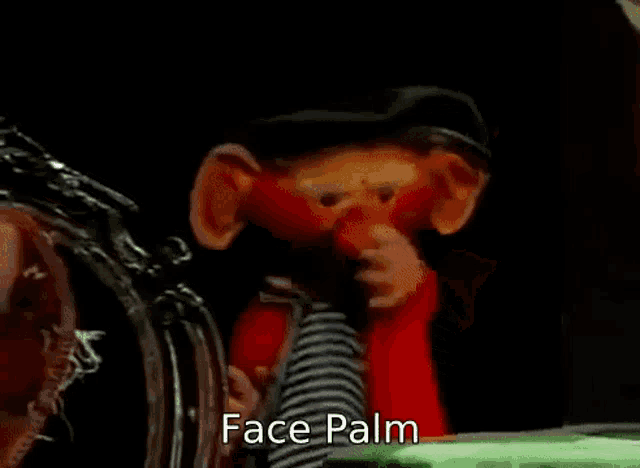 a close up of a person 's face with the words face palm written above it .