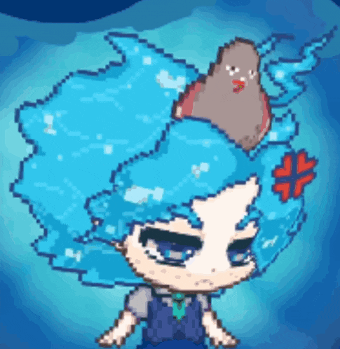 a pixel art drawing of a boy with blue hair