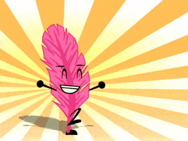 a cartoon of a pink feather with a face and arms
