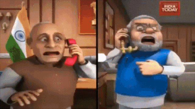 a cartoon of a man talking on a phone and another man pointing at him