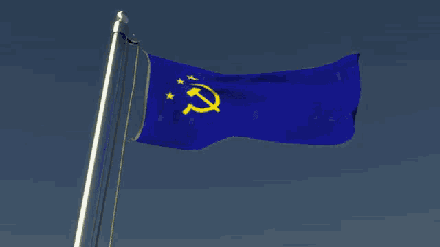blue flag with a yellow hammer and sickle on it