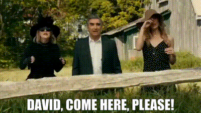 a man and two women are standing next to a wooden fence and a sign that says david come here please .