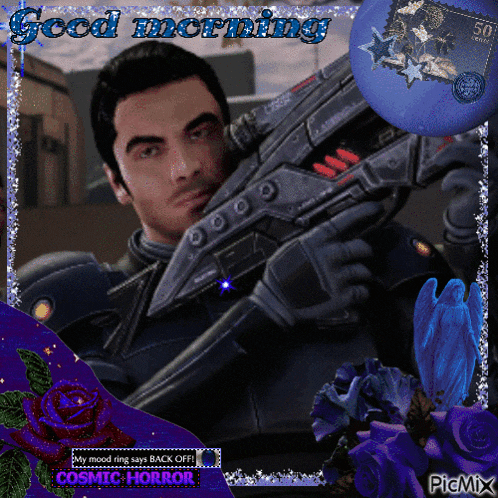 a picture of a man holding a gun with the words " good morning " above him