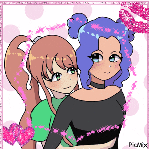 a picture of a girl with blue hair and a girl with brown hair with the words picmix below them