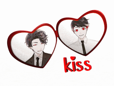 two hearts with a man in a suit and tie and the word kiss below them