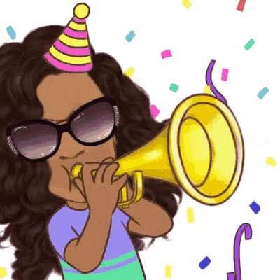 a cartoon girl wearing a party hat and sunglasses is blowing a trumpet