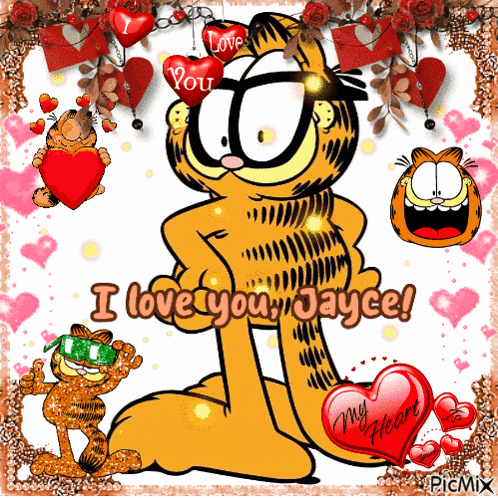 garfield is surrounded by hearts and says " i love you jayce "