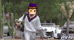 a man with a purple hat and mustache is walking down the street with a dog
