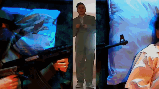 a man in a suit is holding a gun in front of a blue screen