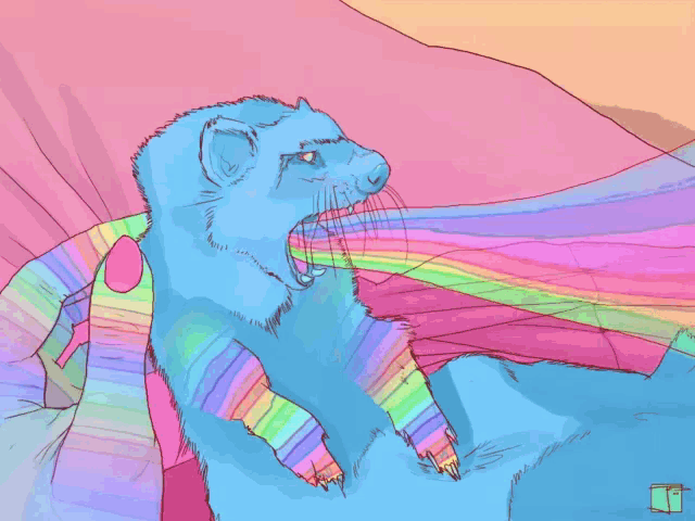 a colorful drawing of a cat with a rainbow behind it