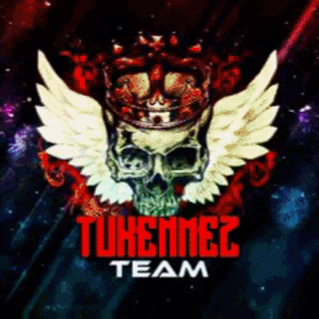 a skull with wings and a crown is surrounded by the word team