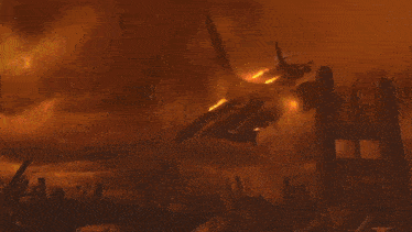 a fighter jet is flying through the air in front of a burning city