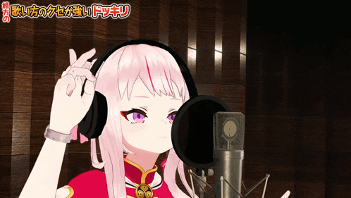 a girl with pink hair and headphones stands in front of a microphone with a sign above her that says " dokiru "