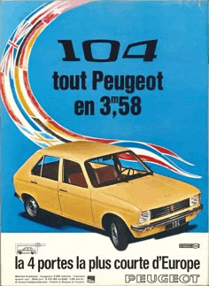 a yellow peugeot car is advertised on a blue poster