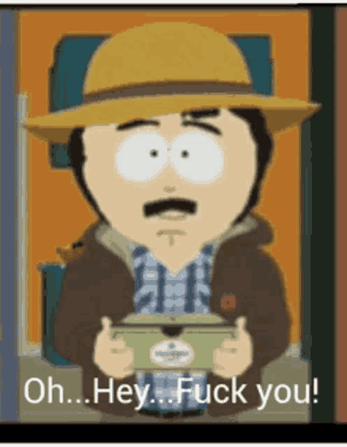 a south park character is holding a video game controller and says oh hey fuck you